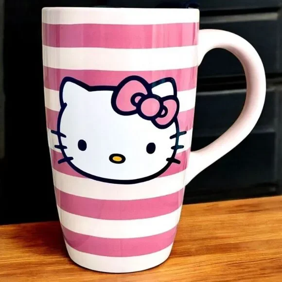 NWT Gorgeous Hello Kitty Pink Striped Glossy Ceramic Tall Travel Mug with lid - Picture 5 of 16